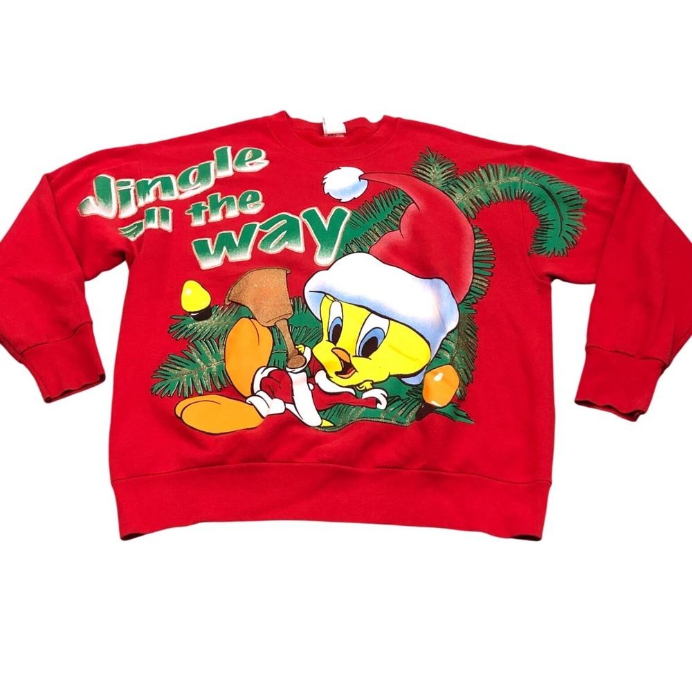 Vintage Looney Tunes Sweatshirt Womens 14/16W Red Tweety Bird Christmas 1997 90s